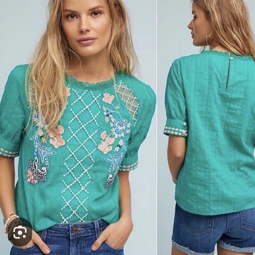 Maeve Anthropologie Perennial Green short-sleeved blouse  embroidered size 10
